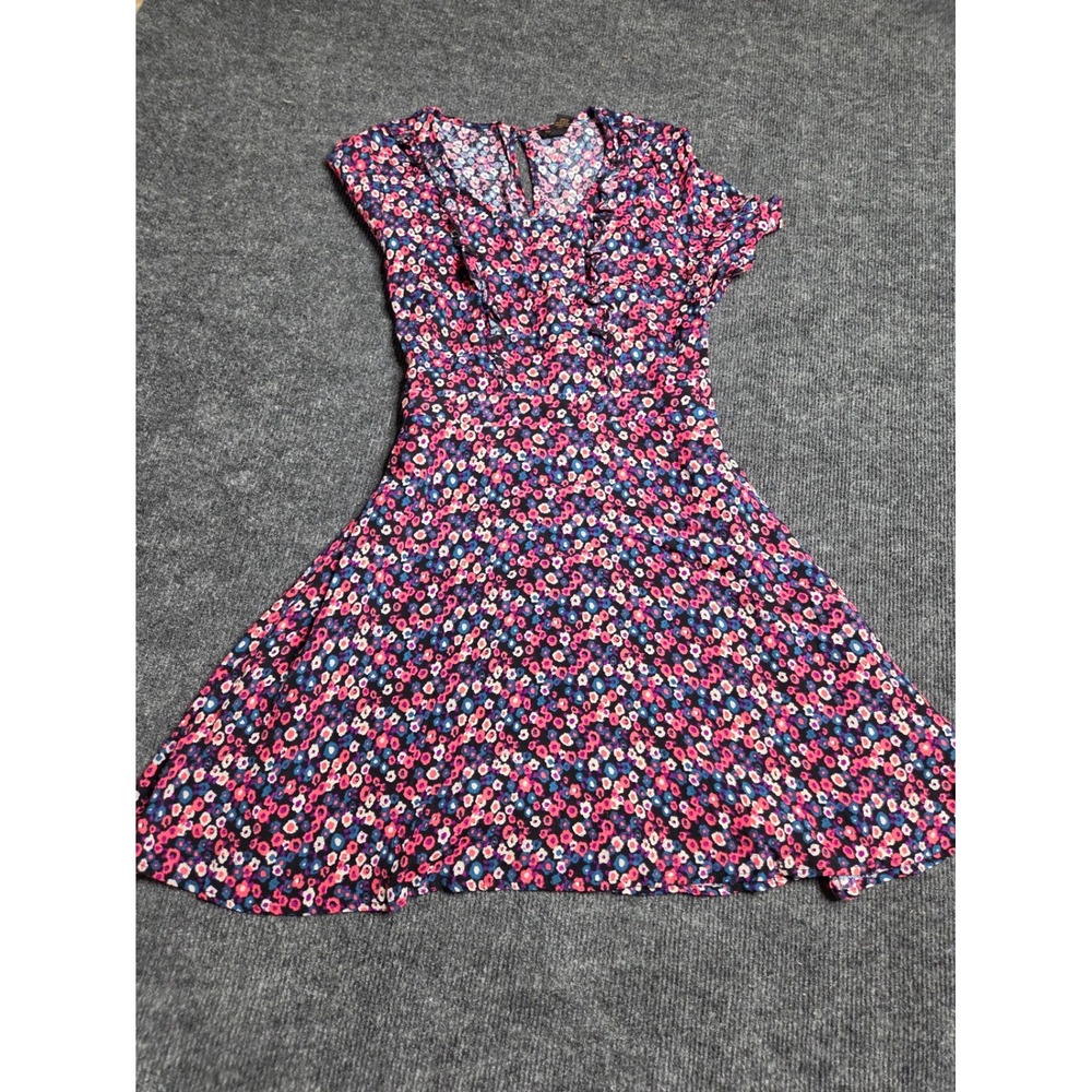 Forever‎ 21 Pink Blue Floral Fit Flare Dress V-Neck Short Sleeve Waist Tie Large